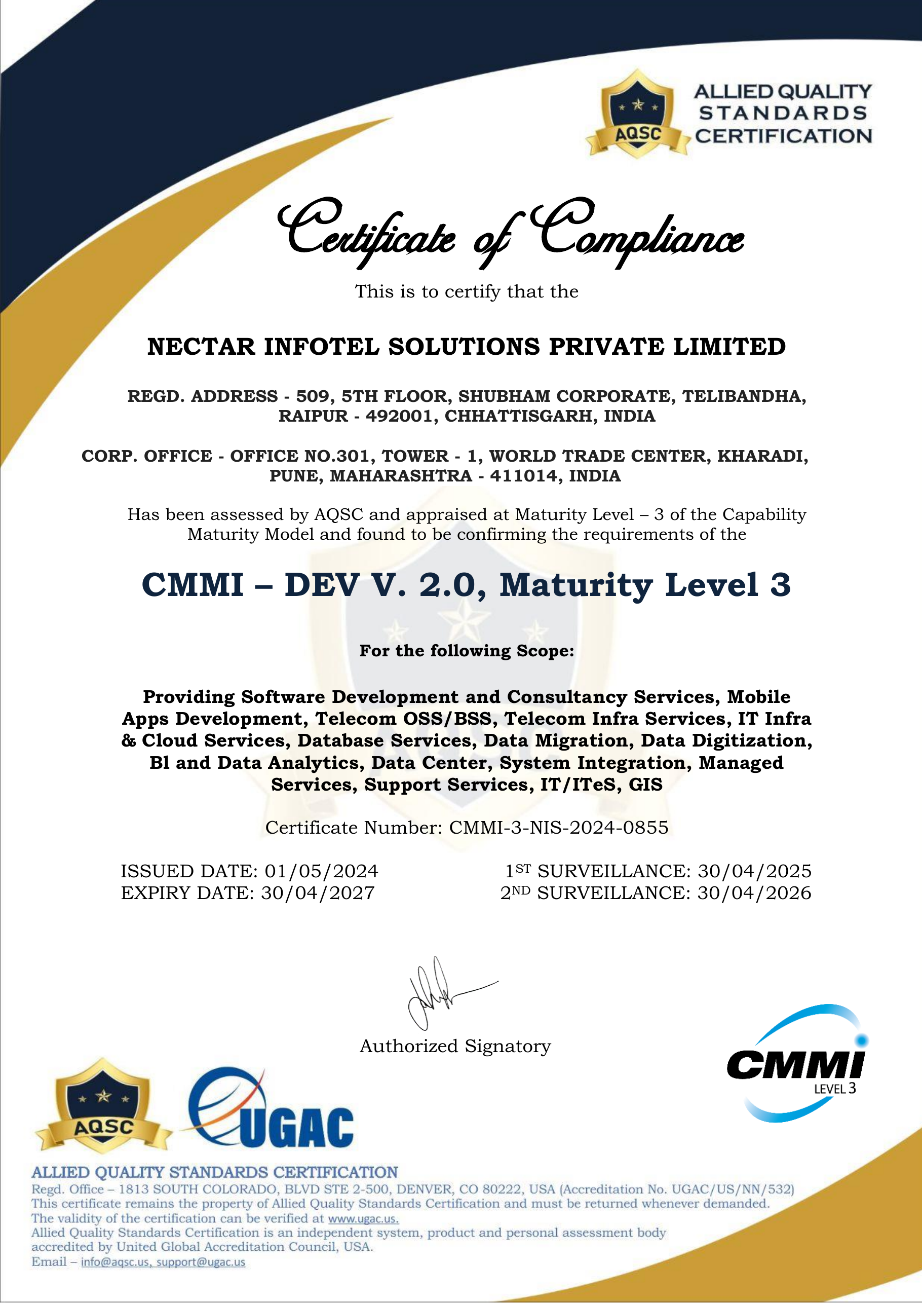 CMMI-DEV V2.0 ML3 certificate