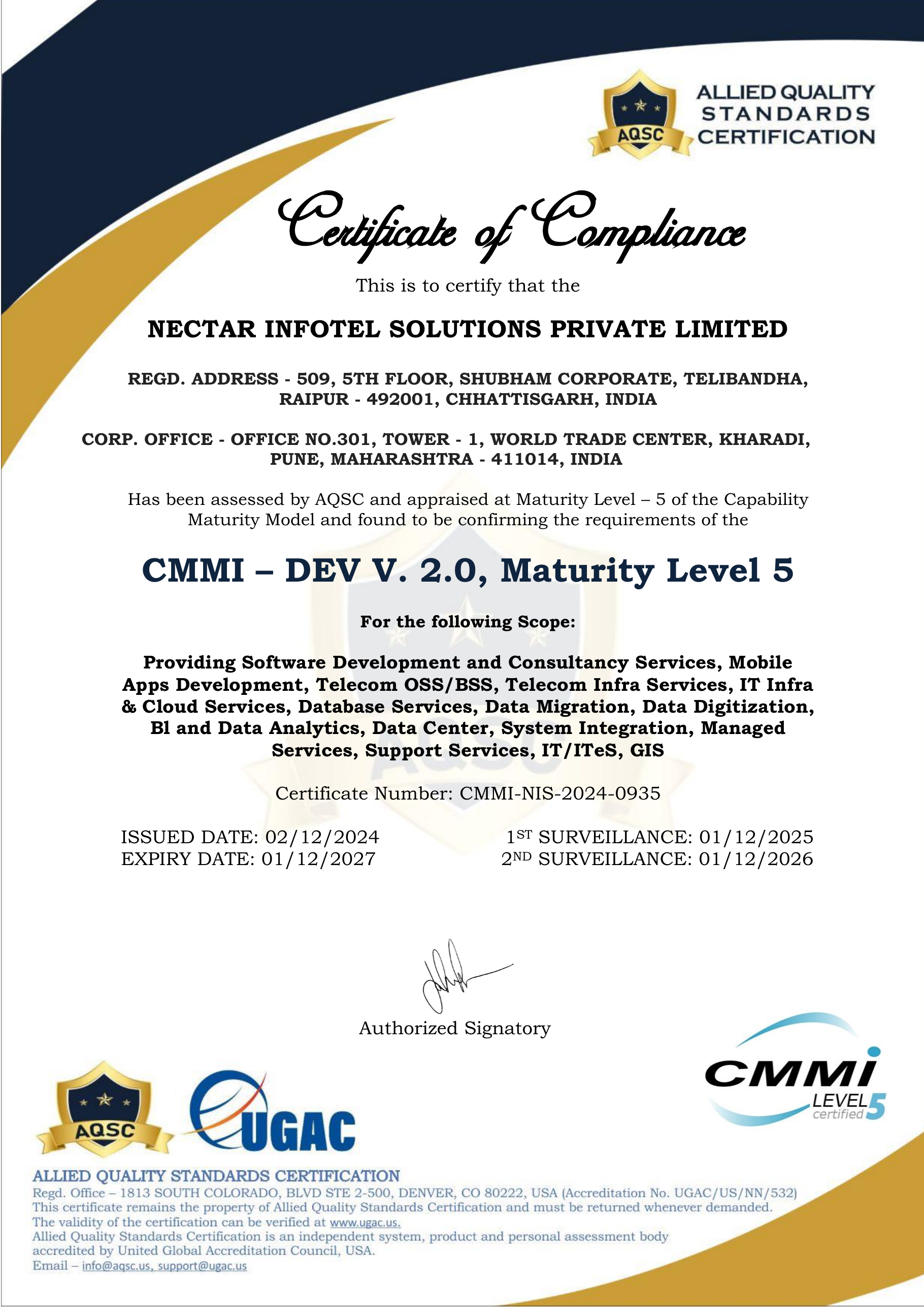 CMMI-DEV V2.0 ML5 certificate