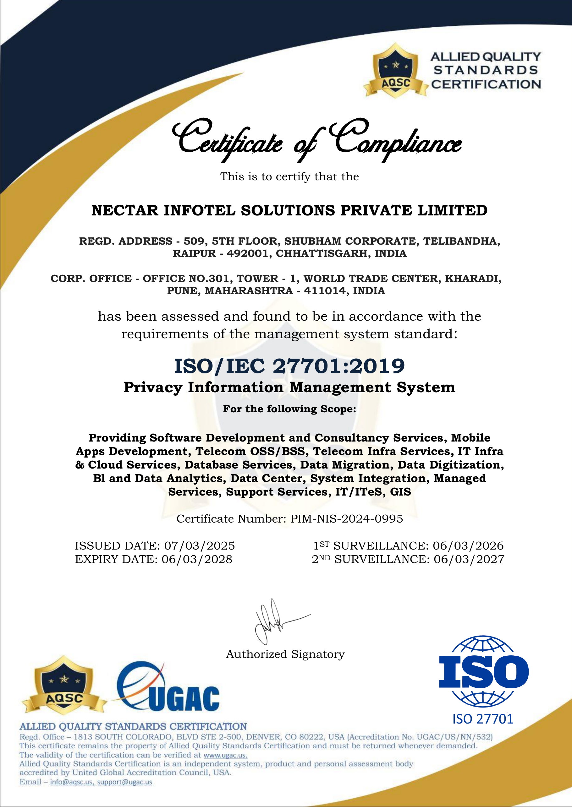 ISO/IEC 27701:2019 certificate